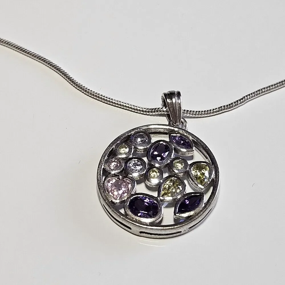 Sterling Silver Multicolored Rhinestone Round Pendant Necklace 20